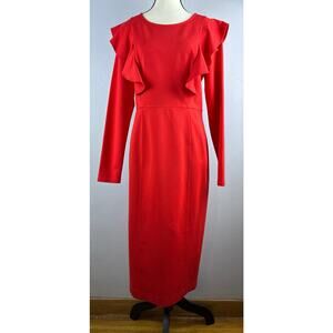 Rachel Paarcell Sz L Red Ponte Knit Double Ruffle Sheath Dress Career, Party